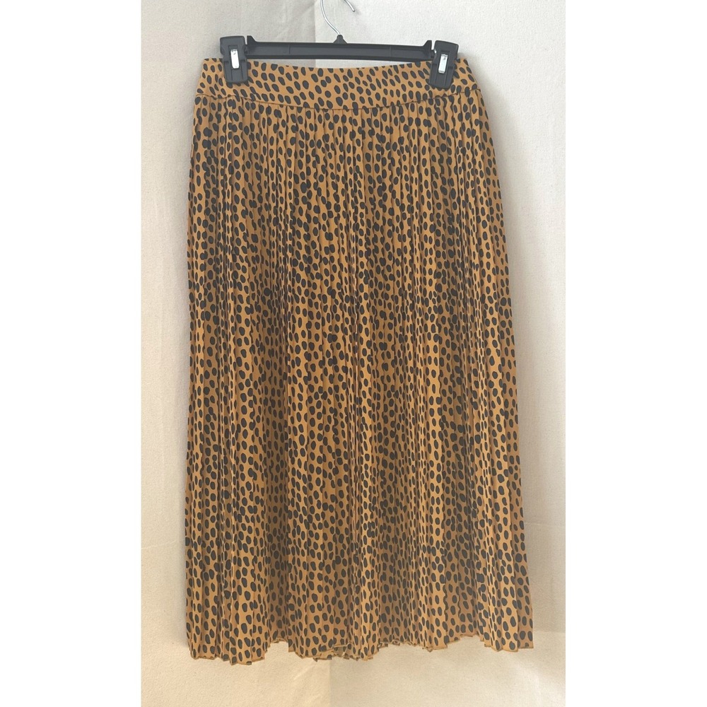 J.Crew Factory Preppy Flowy Pleated Midi Skirt Mustard Black Dots Sz 2 Office